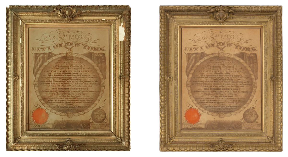Before and After Frame Restoration of a 19th Century Proclamation From the City of New York