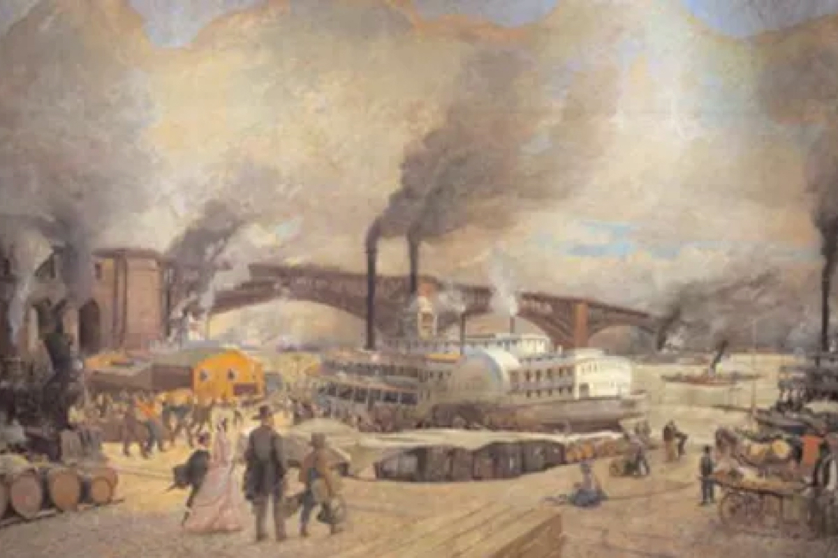 Large Oscar E. Berninghaus Mural Commerce on the Levee in the early 80s Mural