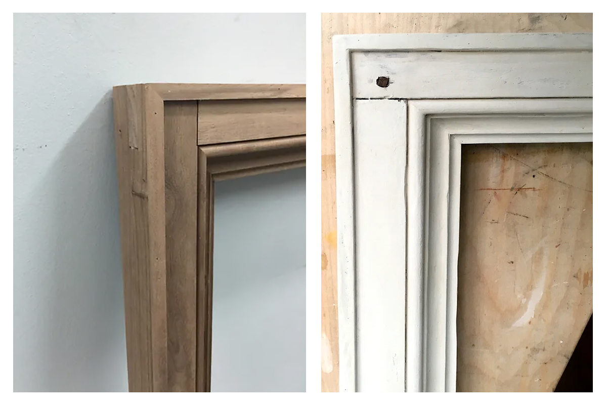 Corner Detail of Walnut Frame Before and After Gesso Application