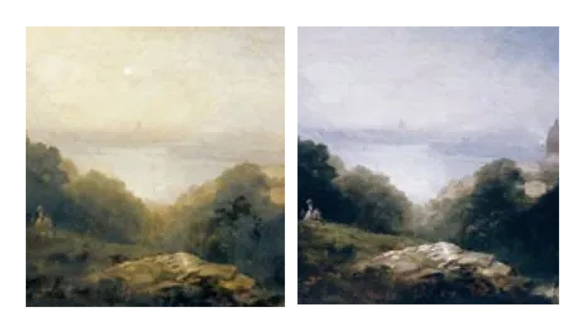 Detail of Thomas Moran Painting Before and After Lowy Conservation