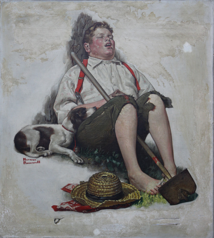 Lazy Bones (Boy Asleep with Hoe) by Norman Rockwell Before Restoration