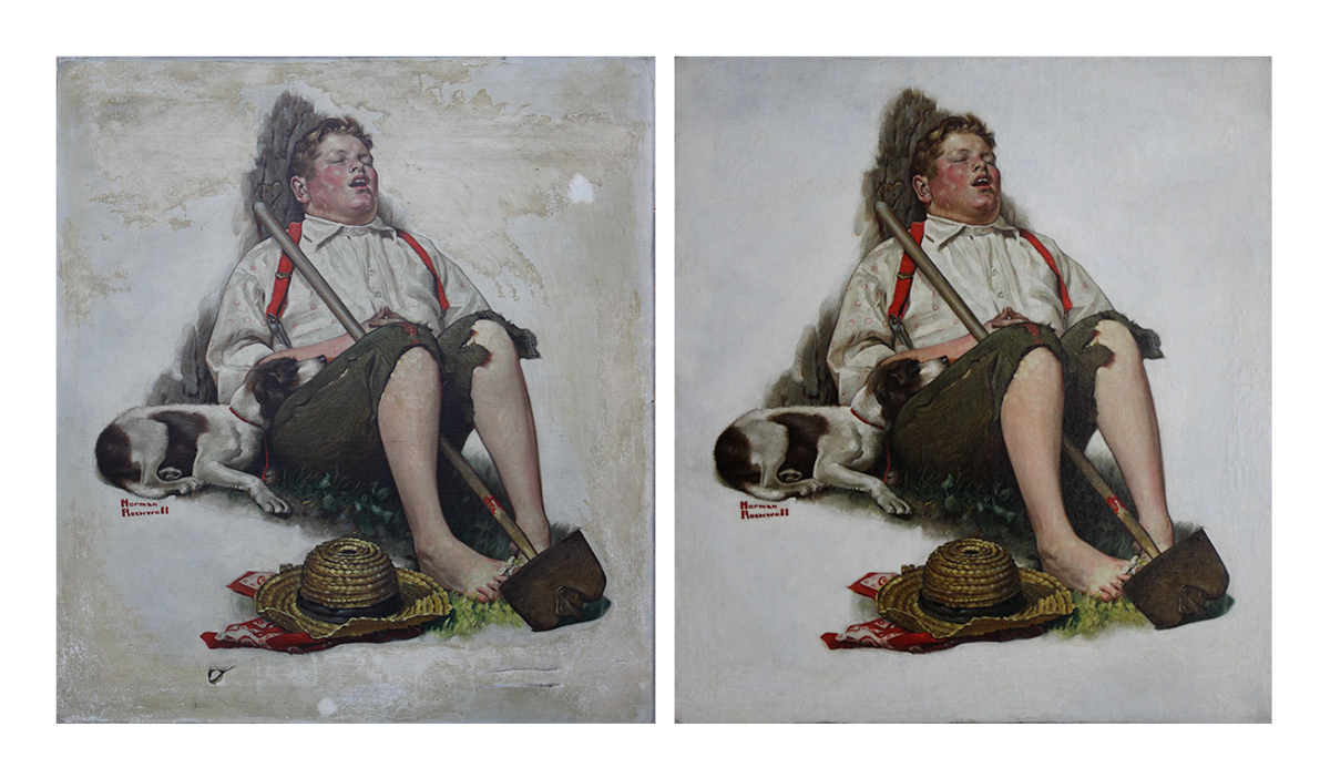 Before and After Lowy Conservation of Lazy Bones by Norman Rockwell