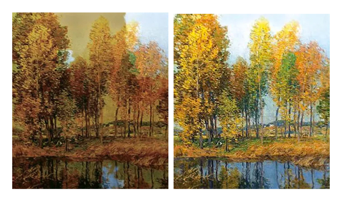 October Morning by Willard Metcalf Before and After Lowy Conservation