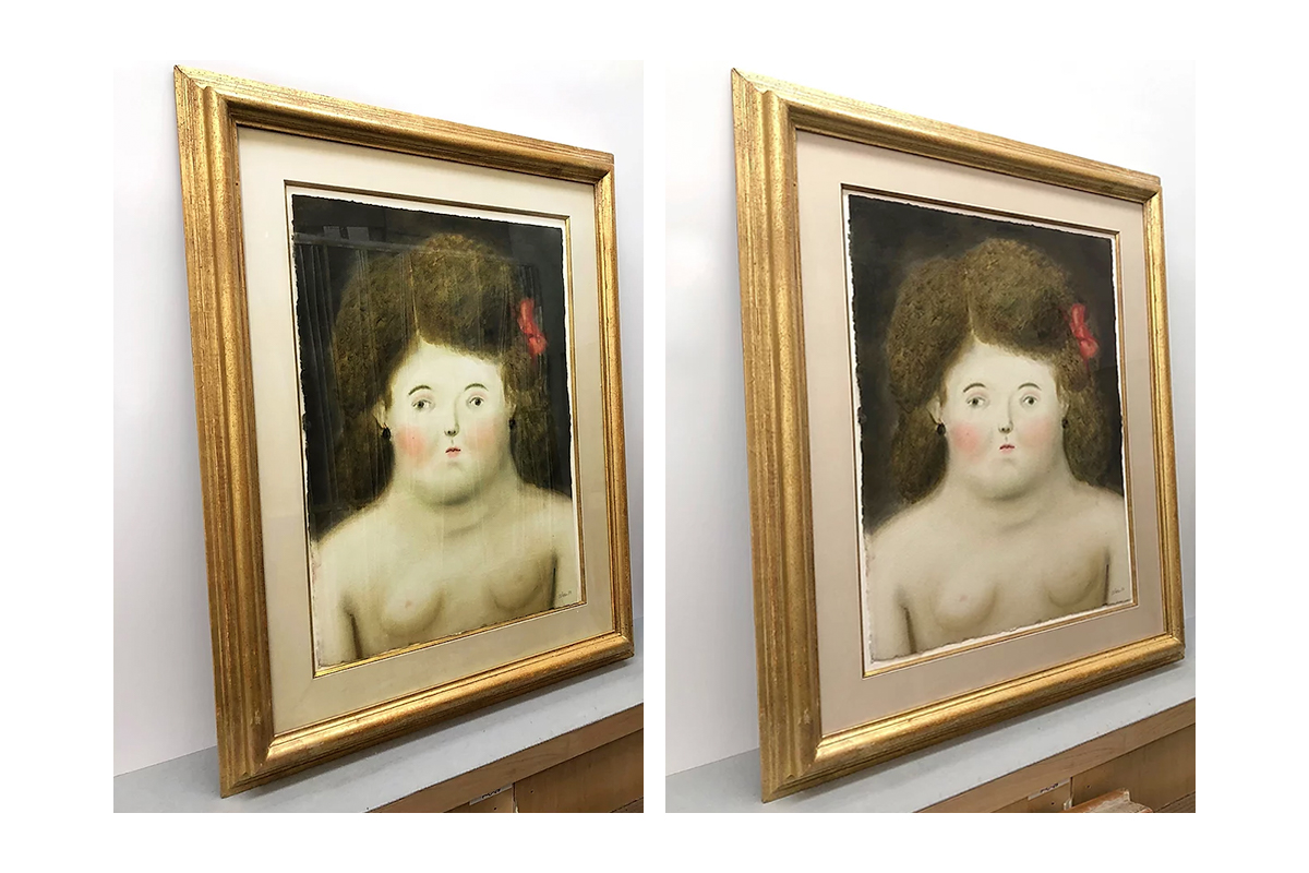 Photograph showing reflective glazing on the left and non-reflective glazing on the right.