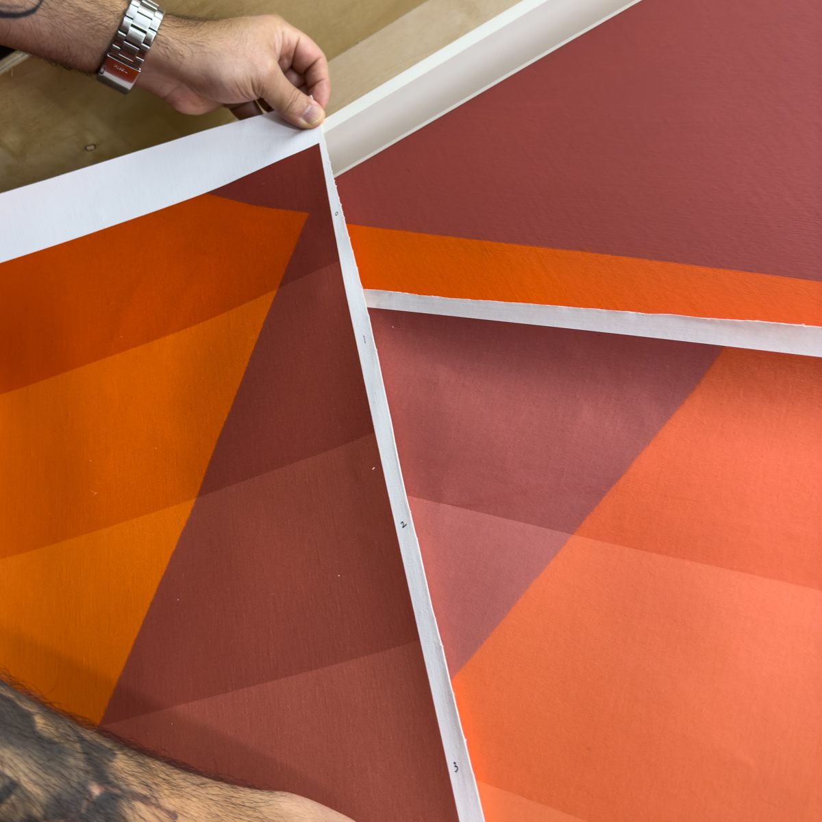 Examining canvas proofs for an art reproduction at Lowy.